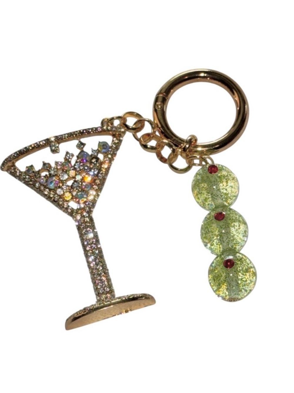 Martini Keychain with sparkly, multicolored rhinestones w/Olives NWOT